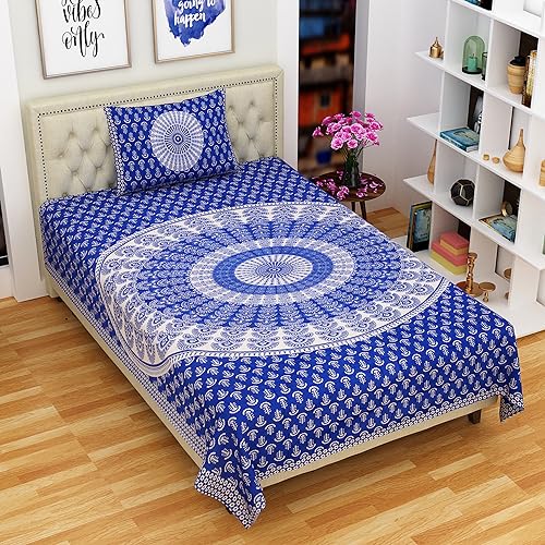 Image of RajasthaniKart Comfort Rajasthani Jaipuri Traditional Sanganeri Print 144 TC 100% Cotton Single Bedsheet with 1 Pillow Cover SB-256 (Blue)