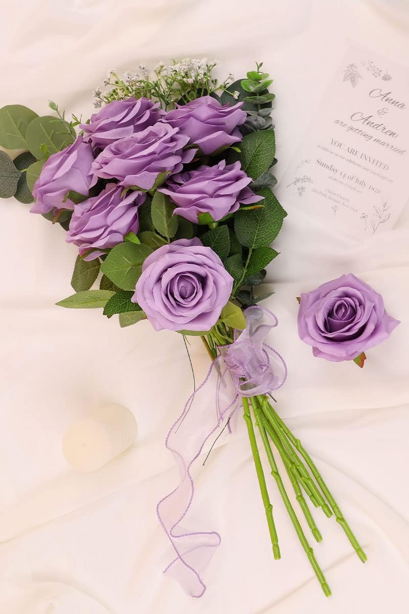 LVEFIT Artificial Rose Flower Lilac Flowers Lilac Roses Purple Rose Flowers Silk Flowers 12 pcs with Long Stem Silk Roses Bouquet for Wedding Bridal Shower Party Home Decoration - Image 4