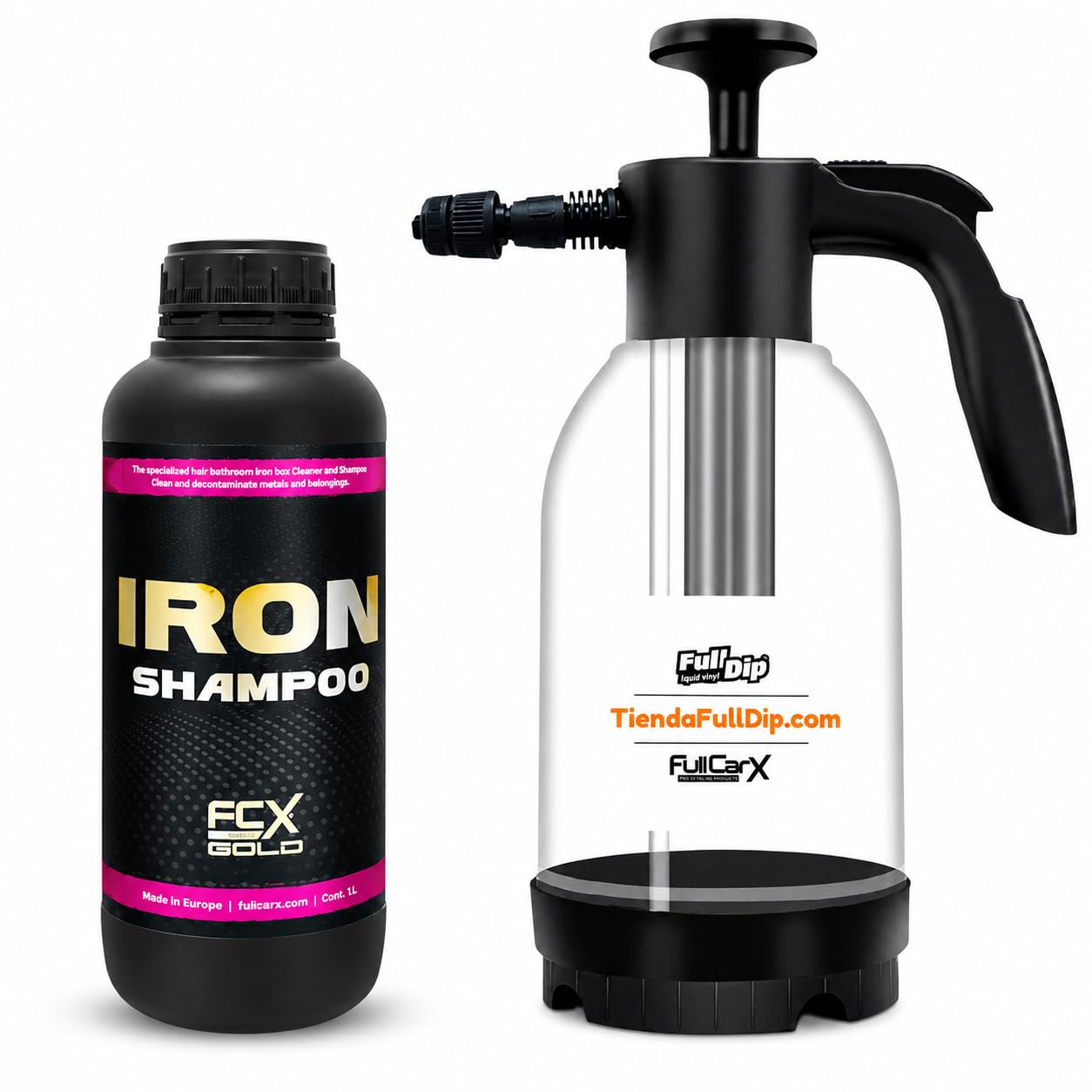 AutoFullCar FullCarX Gold Iron Shampoo Champu Descontaminante Ferrico Coche 1L, Lavado Carroceria Llantas Ferodo Particulas Metalicas, Espuma Activa Snow Foam Detailing (Champú Férrico + Foamer)
