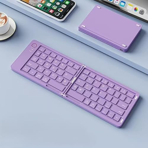 【Bluetoothキーボード★折り畳み（二つ折り）】Bluetooth 無線 キーボード 折りたたみ式 ワイヤレス ipad iPhone Android iOS Window Mac 対応 充電式 USB 充電 Type-C 薄型 軽量 小型 スマホスタンド付き ブルートゥース (パープル)