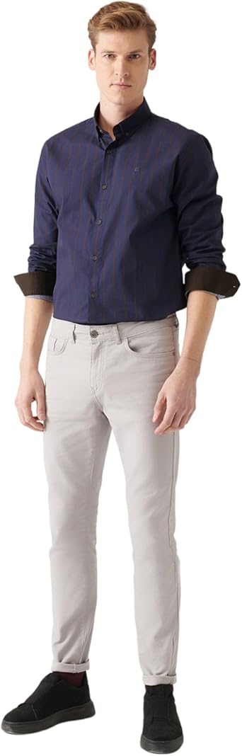 Avva Men's 100% Cotton, Button Collar, Striped, Slim Fit, Long Sleeve, Poplin Shirt, X-Large, Navy