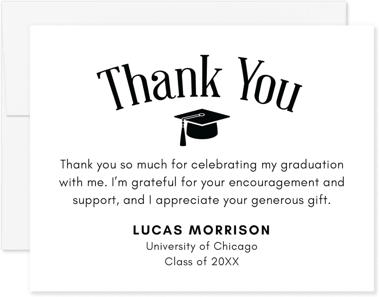Graduation Thank You Cards Personalized with Name and School, 5.5x4.25 Black and White Flat Thank You Note Cards with Envelopes
