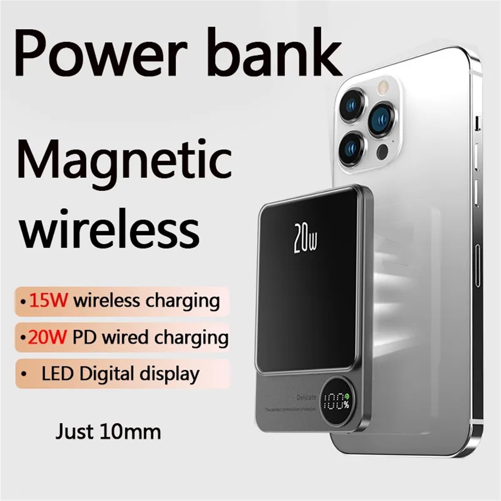 Powerbank Magnétique en Alliage 10000mAh, Chargeur Rapide sans Fil, Batterie Auxiliaire Externe Portable (Size : 10000mAh, Color : Grey)