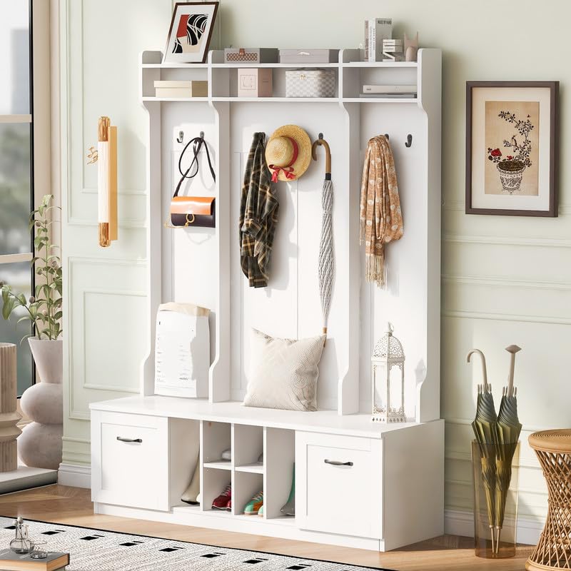 58.8'' Hall Tree with 2 Spacious Drawers, 5-in-1 Entryway Bench with Coat Rack, 5-in-1 Entryway Bench with Adjustable Shelves and 7 Sturdy Hooks for Hallway, Living Room, White