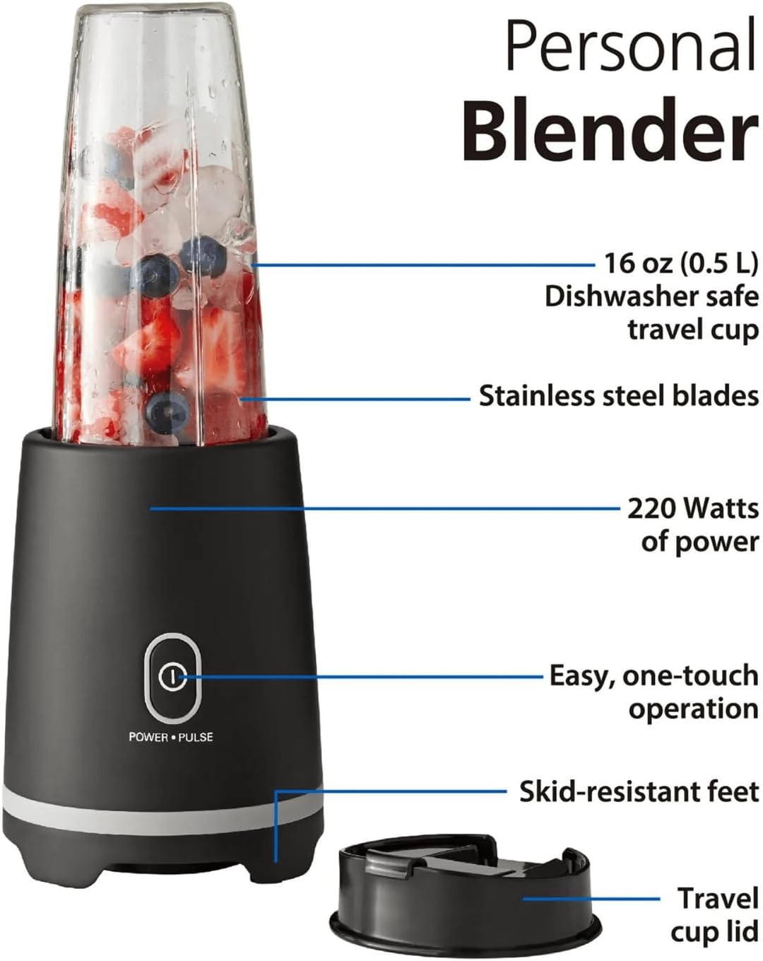 Black Single-Serve Blender with 1 Travel Lid, Portable Blender for Shakes and Smoothies, Stainless Steel Blades, 16 oz, New