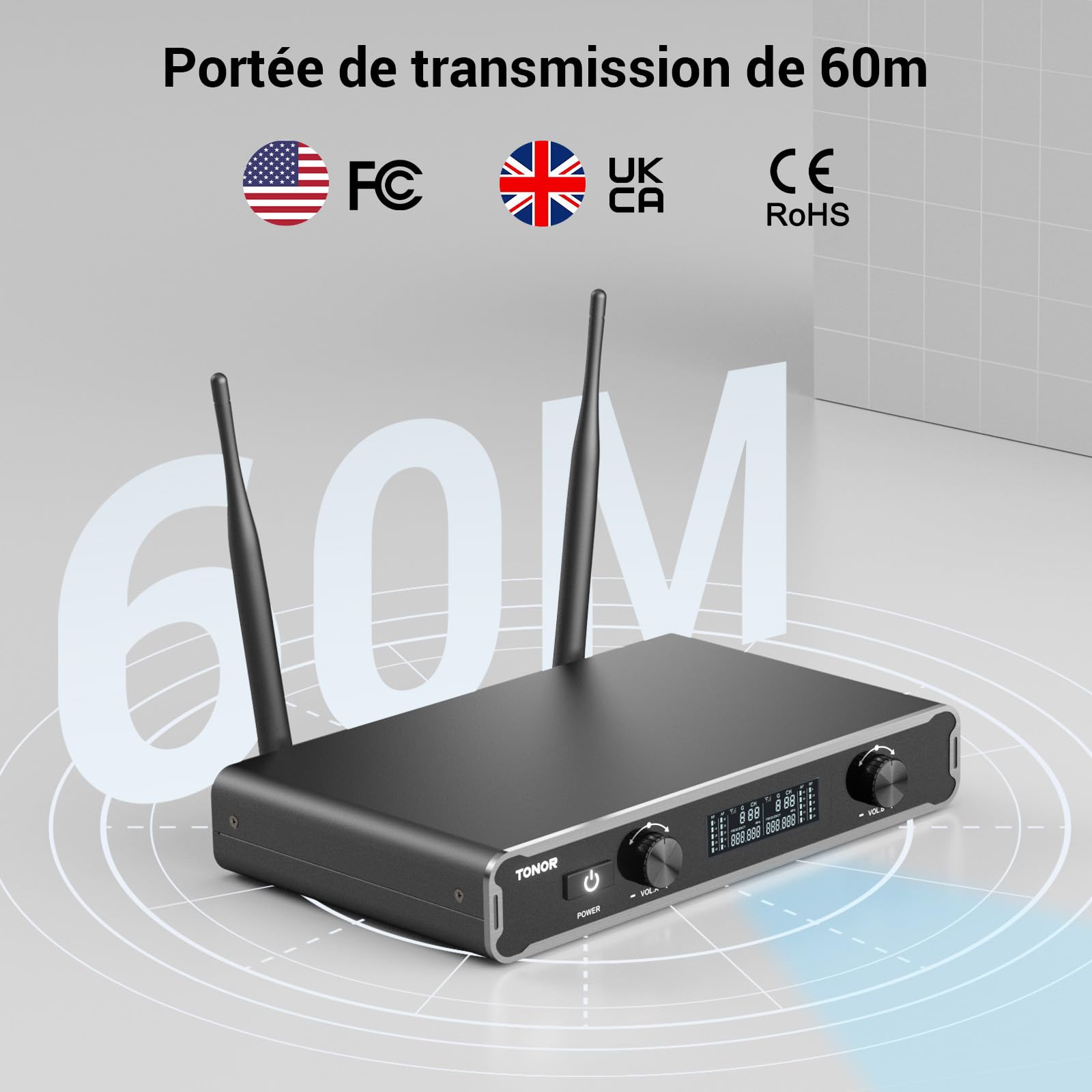 TONOR Microphone sans Fil Dynamique TW450, Système Karaoké avec Récepteur, 2x5 UHF, 60M