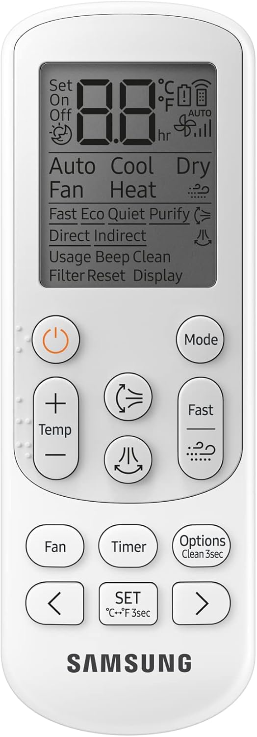 Samsung AC remote control with various buttons for mode, temperature, fan, timer, and special features