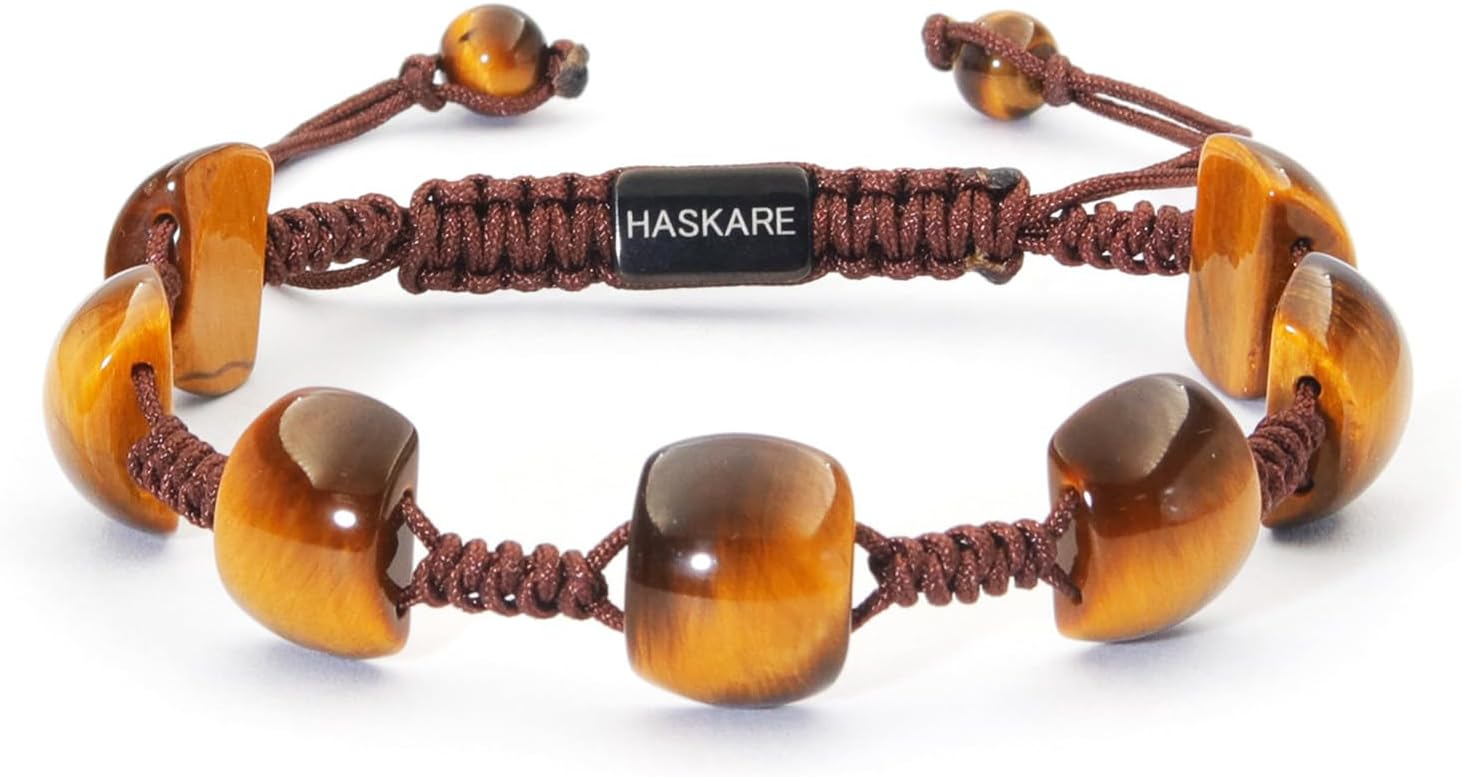 HASKARE Healing Tiger Eye Stone Crystal Bracelet for Men Mens Stone Bracelets Real Tiger Eye Unique Beads Bracelet, Protection Crystals Handcrafted Men Jewelry Braided Beaded Bracelets for Him