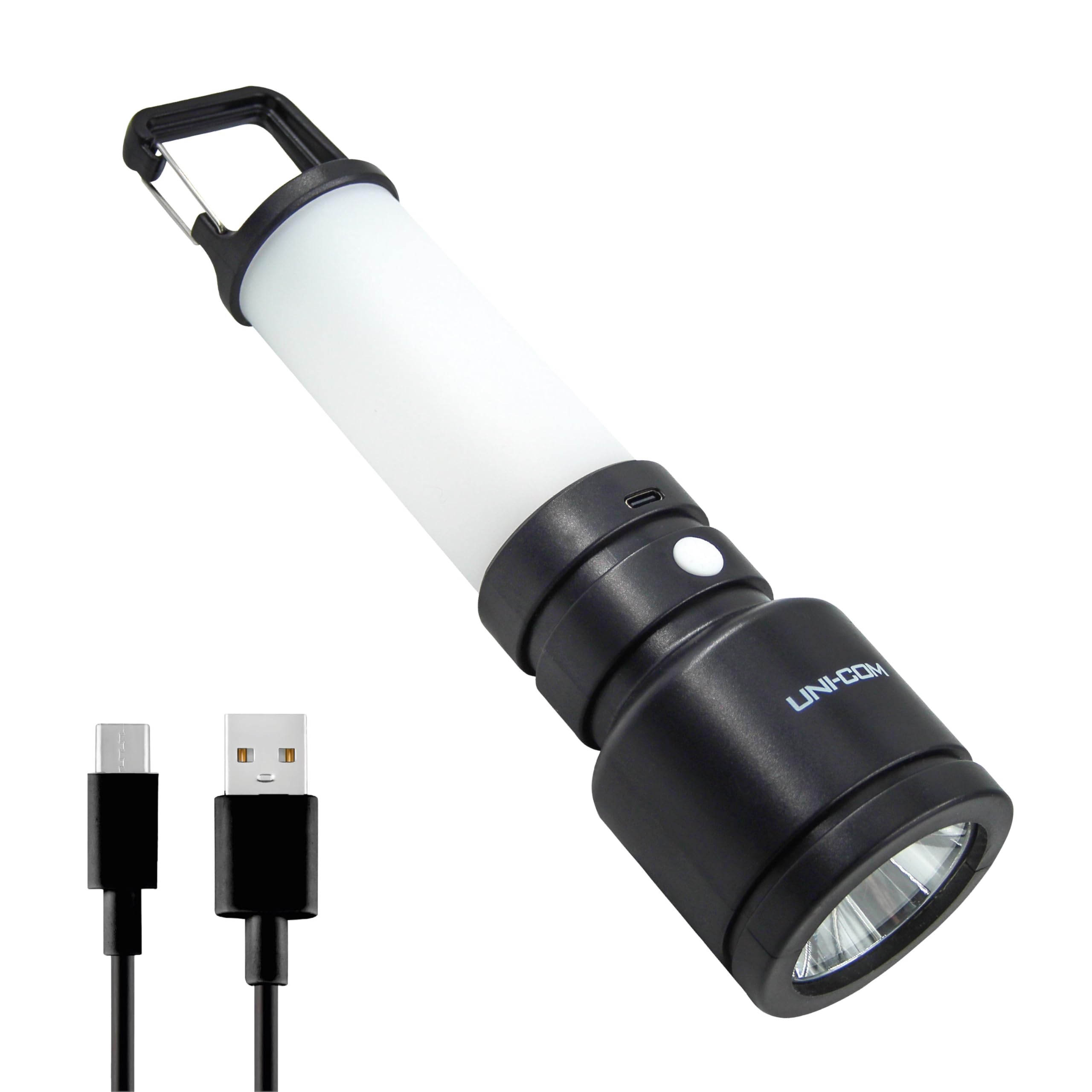 Uni-Com Rechargeable Torch with Integrated Lantern โ Compact 1W LED Torch & 3 LED Warm Light Lantern, Carabiner Hook & Included USB-C Charging Cable for Camping, DIY, Home & Emergency Use