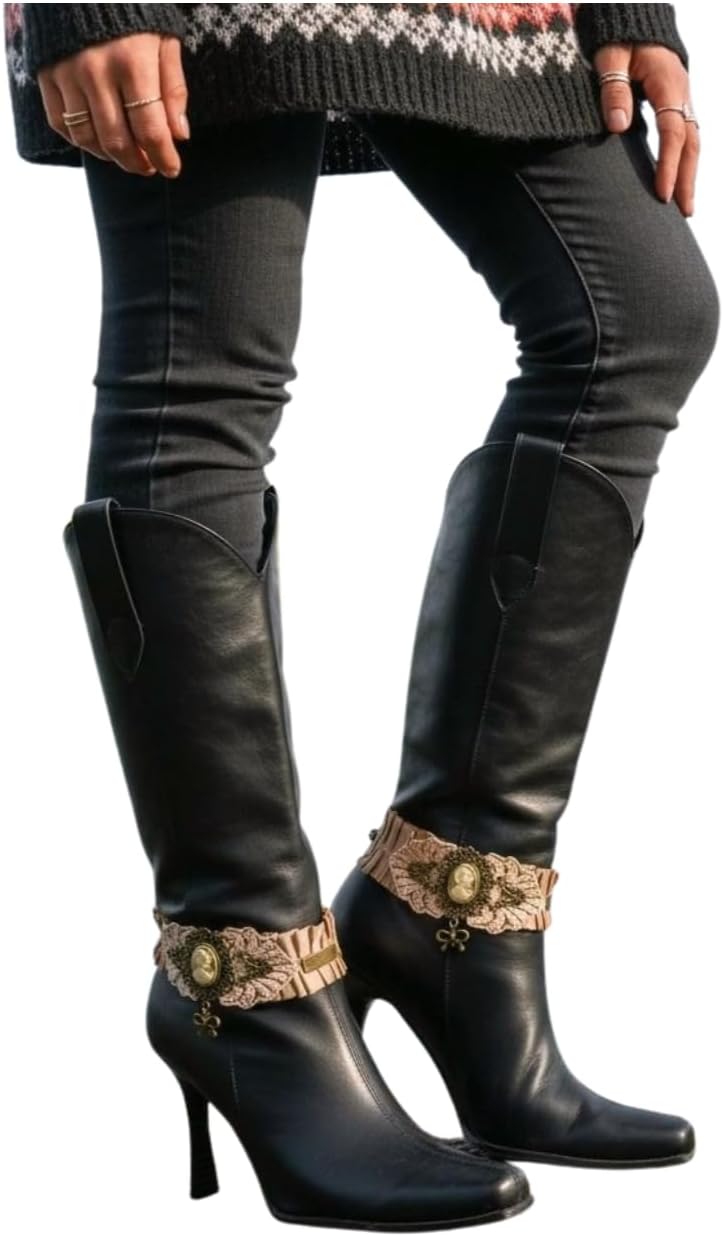 Women's Antique Gold Lace Boot Bracelet Pair, Cameo Chain Boot Jewelry, Western Rodeo Shoe Anklet Straps (2PCS) – BC253