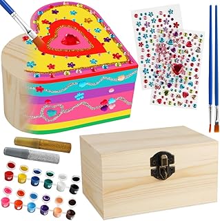 Manualidades para niñas de 8 a 12 años, paquete de 2 cajas de joyería de madera para manualidades, suministros de pintura para niños de 4 a 6 a 8 años, 5, 7, 9, 10 y 11 años, regalos de fiesta de