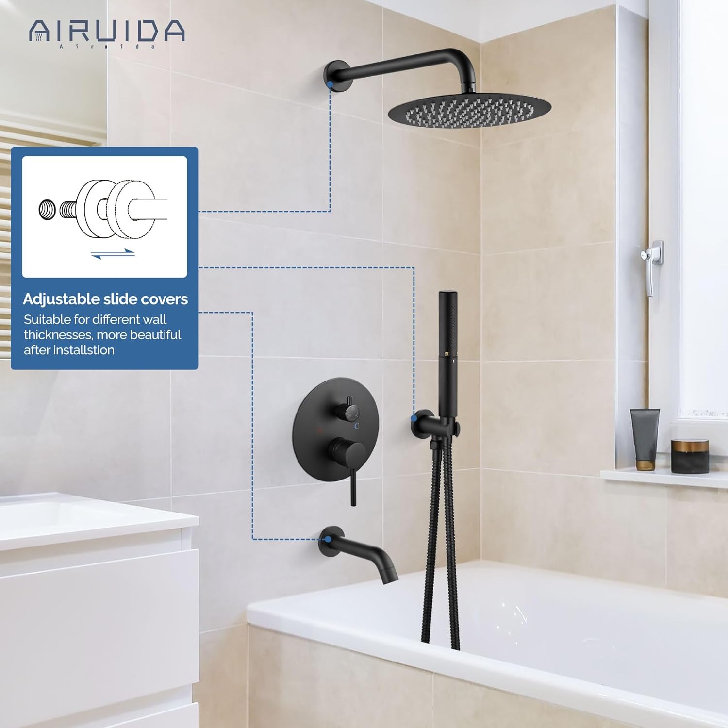 Airuida 3-Function Rain Shower System Set – Wall Mount Tub Shower Combo with Handheld Shower and Tub Spout,12 Inch Shower Head,Matte Black