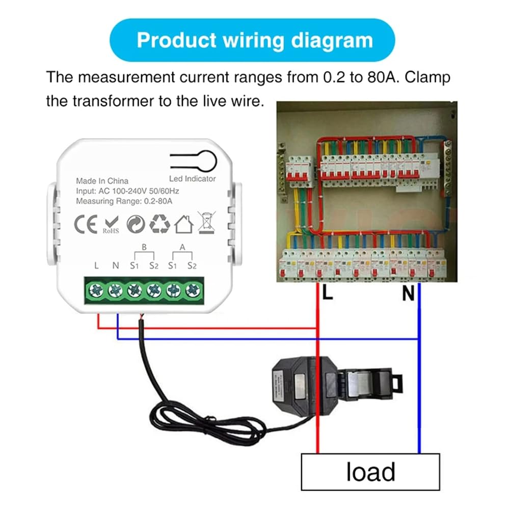 Medidor de Potencia Inteligente Tuya Wifi con Abrazadera para Transformador de Corriente, Medidor de Energía de 2 Canales 80A, Vatímetro para Hogar Inteligente