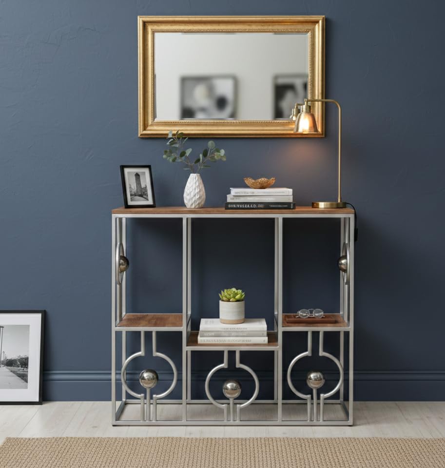 Image of Console Table with Storage, Modern Engineered Wood, Gold Metal Frame with Decorative Spheres, 30x30x7.5 Inch (Gry Brown)
