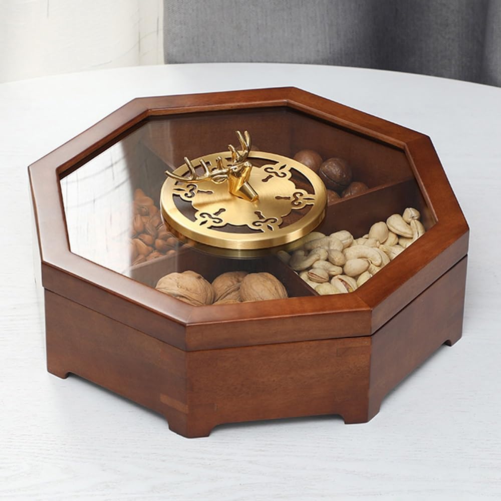 Servidor de aperitivos dividido con tapa transparente, múltiples compartimentos para dulces, frutos secos y aperitivos, ideal para fiestas y eventos, duradero y fácil de limpiar