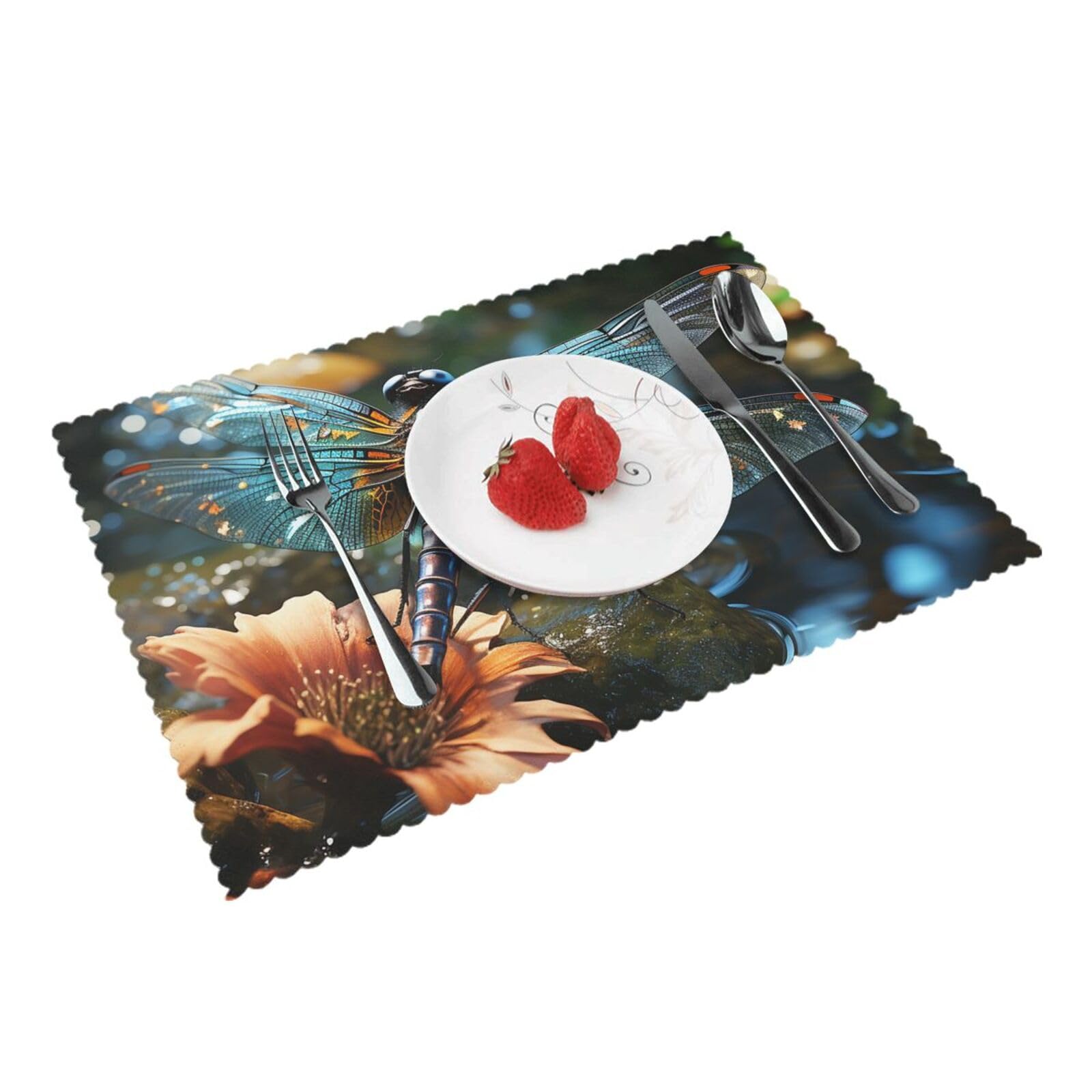 Placemats Set of 4 Heat Resistant Woven Place Mats for Dining Table Dragonfly flying on the pond Placemats Washable Wipeable PVC Table Mats Indoor/Outdoor Place Mats for Party Kitchen Decor 30x45 cm