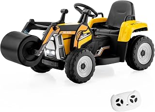 COSTWAY 12V Electric Ride on Car, Kids Battery Powered Road Roller Tractor with Remote Control, Adjustable Drum Roller, LED Lights, Music and USB, for 3+ Years Old Boys Girls