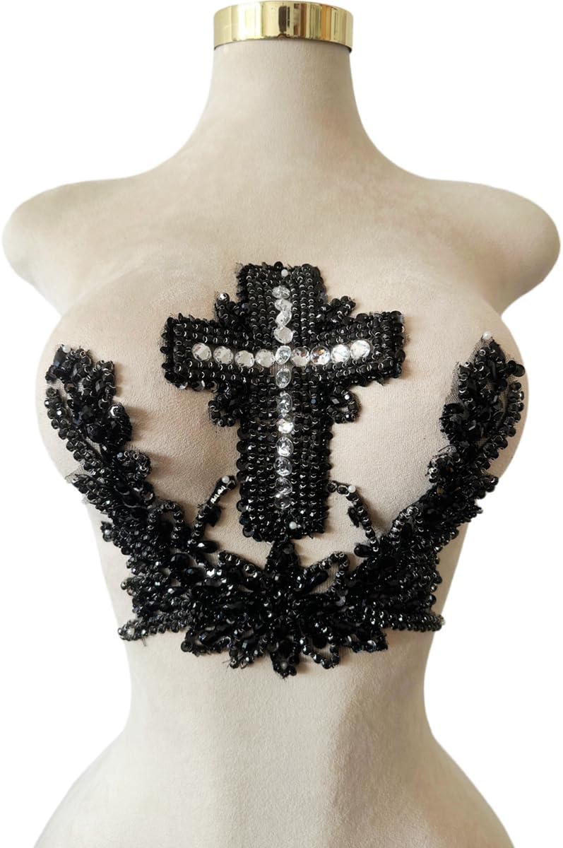 Handmade Cross Bead Embroidery Patch Handmade Rhinestones Applique Creative Design Clothing Decoration for Wedding Dress Predecessor or Men's Suit Back (Black)