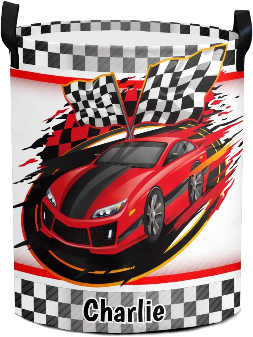 Speeding Race Car Personalized Laundry Basket Custom Name Collapsible Waterproof Laundry Hamper Clothes with Handle for Bedroom Bathroom Nursery Decor