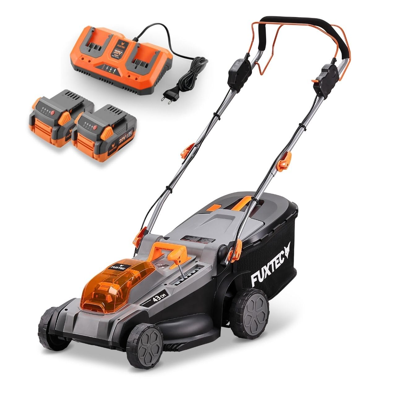 FUXTEC Tagliaerba a batteria FX-E2RM43PRO • 43 cm larghezza taglio • 40V batteria litio • trazione con velocità variabile • funzione mulching • regolazione altezza 25–75 mm