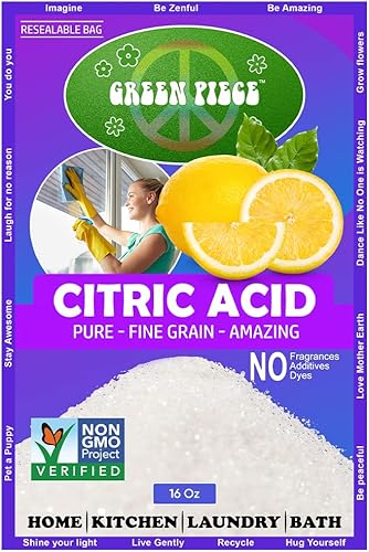 Green Piece Ácido cítrico puro grano fino 100% natural, 16 onzas, bolsa resellable hecha