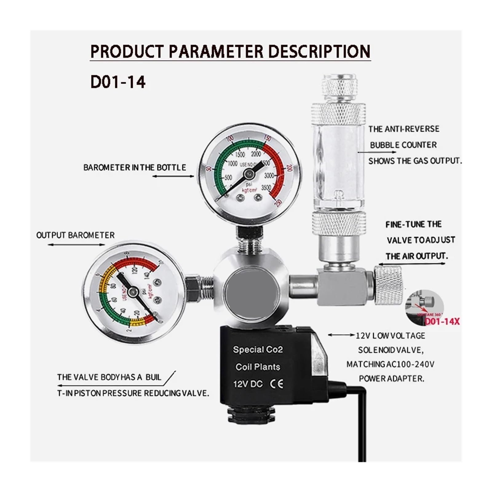 DIY Aquarium CO2 Regulator Magnetic Solenoid Kit Check Valve Fish Tank Accessories CO2 Control System Reactor Generator Set(CGA320)