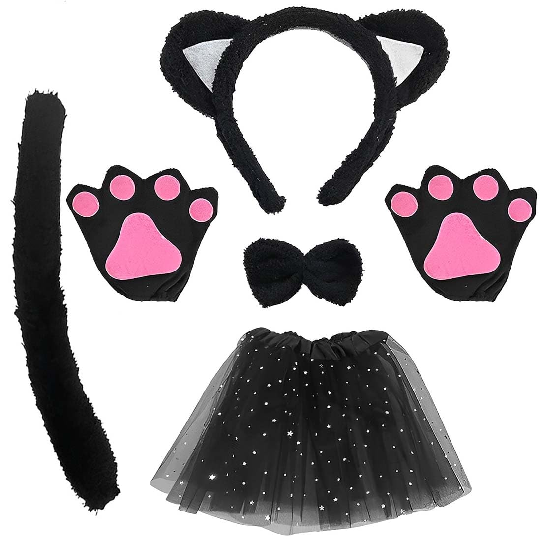 JOCXZI Cat Costume Set for Children - 1 Set Cat Animal Dress Cosplay Set Cat Ears Headband Kitten Tail Ears Collar Paws Gloves Black Tutu for Children Halloween