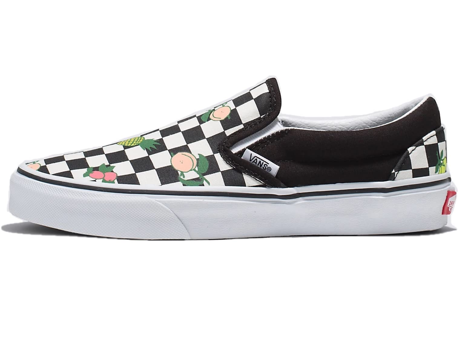 Vans Zapatos clásicos sin cordones unisex, Tablero de ajedrez de fruta/negro/blanco, 10.5 Women/9 Men
