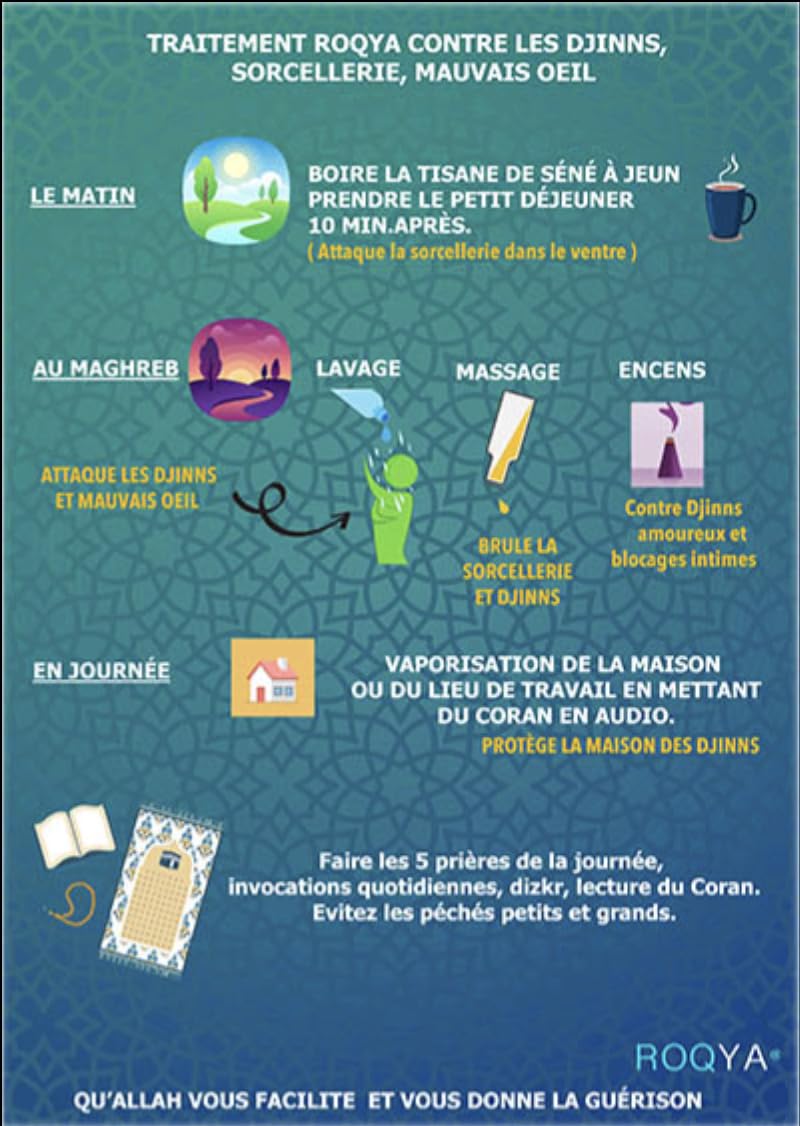 Roqya-Soins complet-12 Jours-Mauvais Oeil-Sorcellerie-Possession-Sounna-Coran-Djinn-Sihr-Blocage-Cauchemars-Feuille coranisée+Huile coranisée+Tisane de séné+encens coranisée-Notice