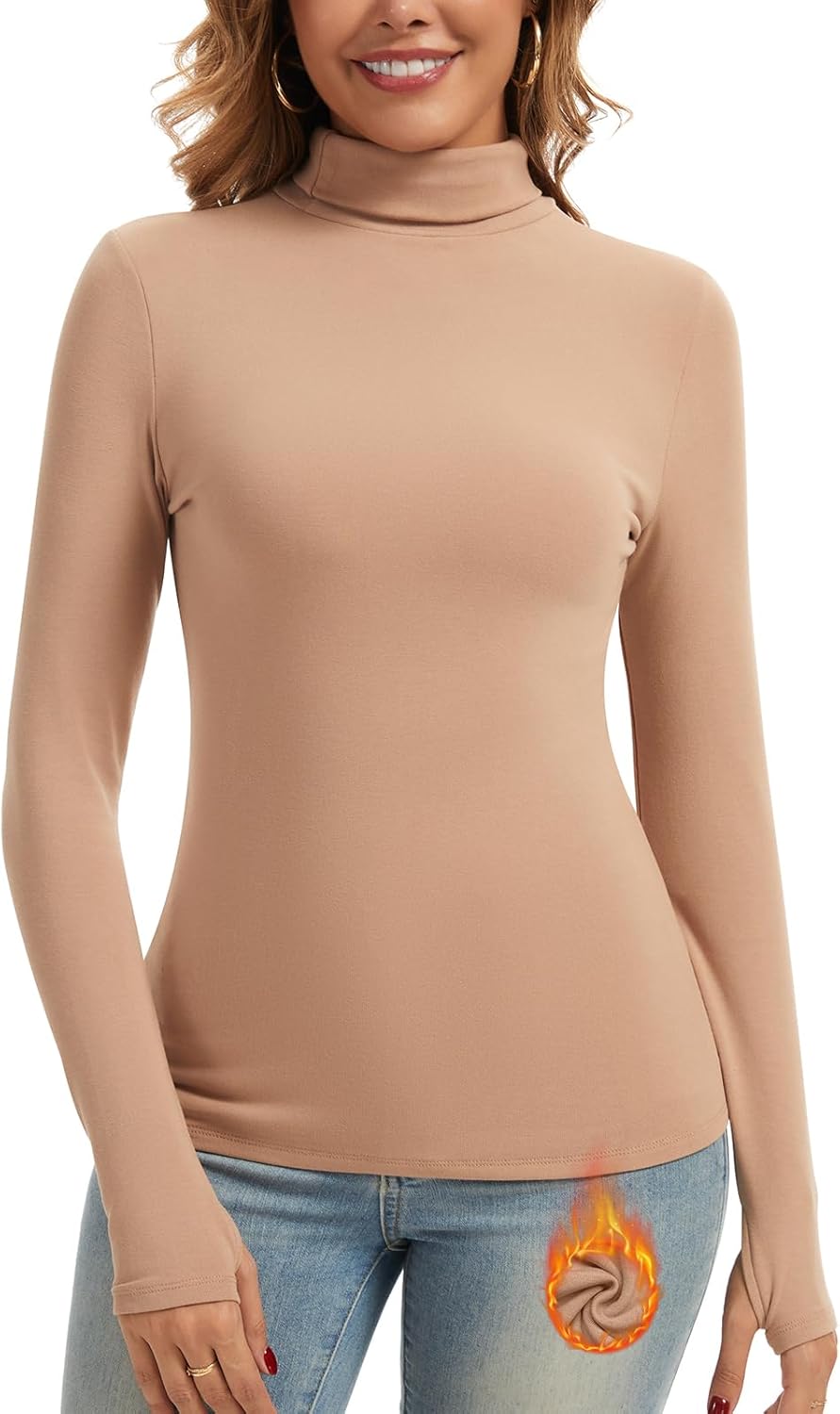 Thermal Turtleneck Shirts for Women with Thumb Hole Fleece Lined Top Thermal Top Undershirt Underwear Winter Cold Weather