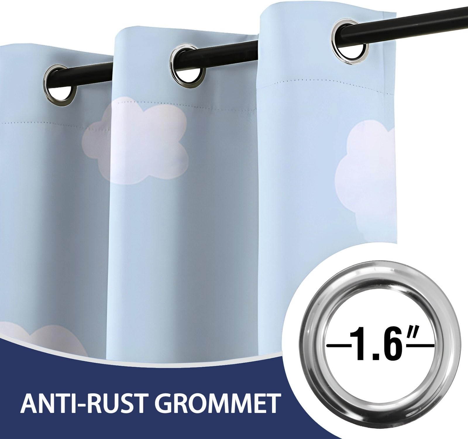 Verdunkelungsvorhang Kinderzimmer 2er Set - Vorhänge Hellblau mit Wolken, Cartoon Gardinen Blickdicht Thermovorhang Ösenschal für Babyzimmer, Schlafzimmer & Jungen/Mädchen, H 166 x B 75 cm