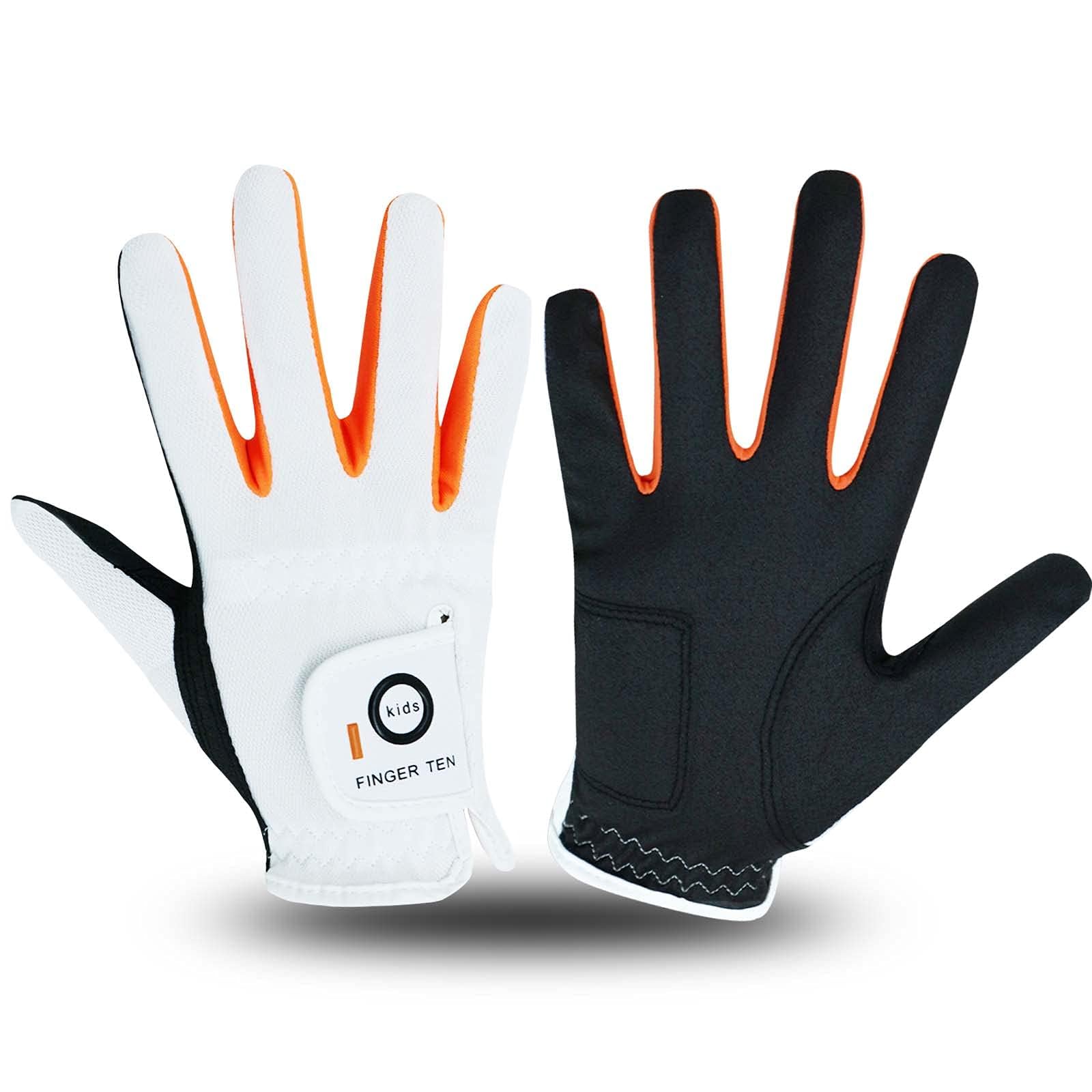 FINGER TEN Golf Gloves Kids All Weather Soft for Left and Right Hand Rain Grip Breathable Value Pair