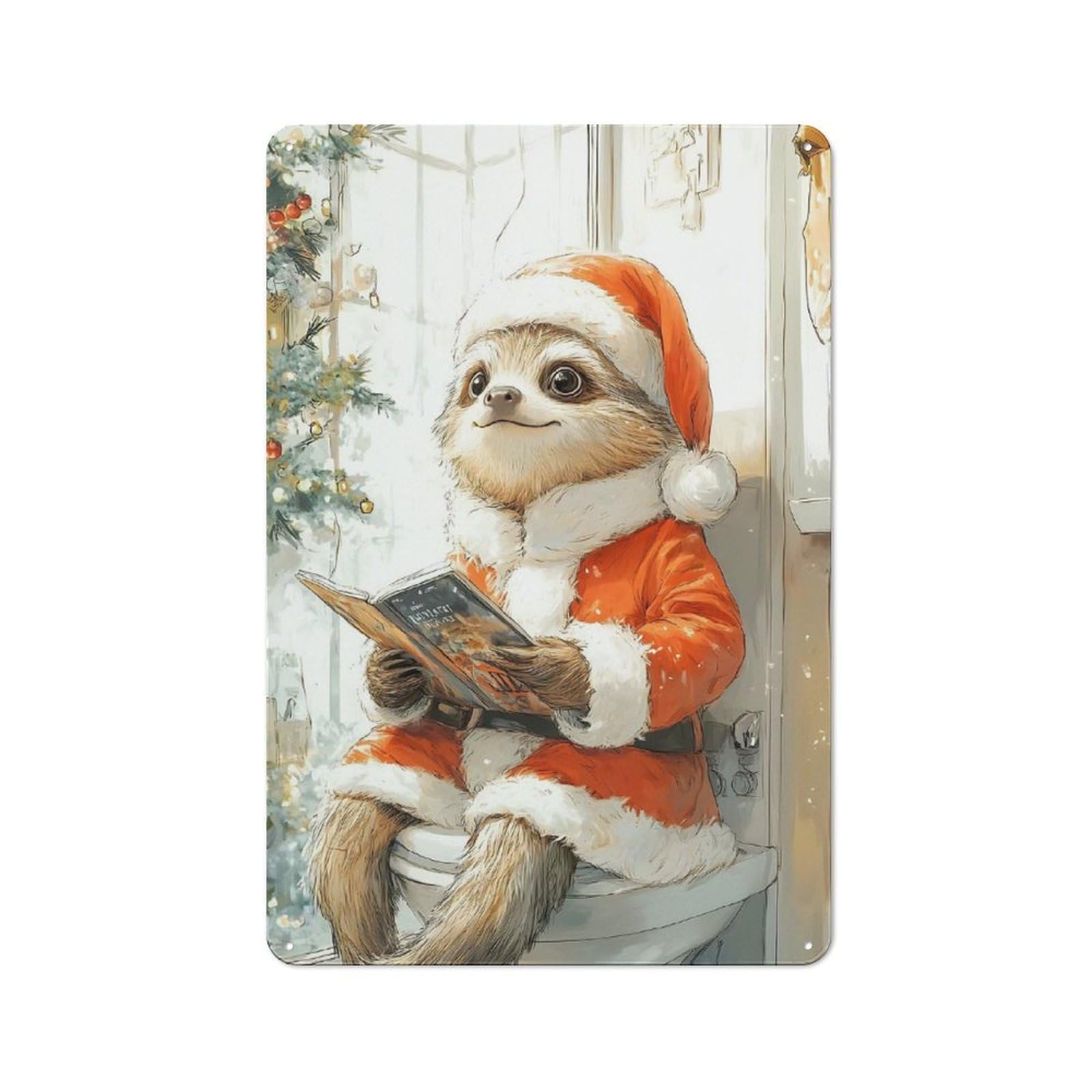 Metal Wall Sign 30x20cm Featuring Sloth Santa Reading for Hallway Wall, Suited to Wall Display Collectors