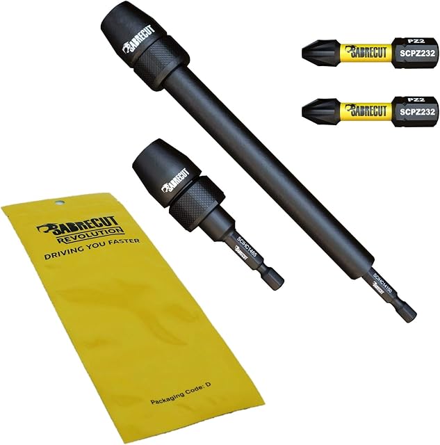 4 Piece SabreCut SCRK2 65mm and 152mm Professional Impact Bit Holders with 2 x 32mm Magnetic PZ2 Screwdriver Impact Bits Compatible with Dewalt, Milwaukee, Makita, Bosch and Others