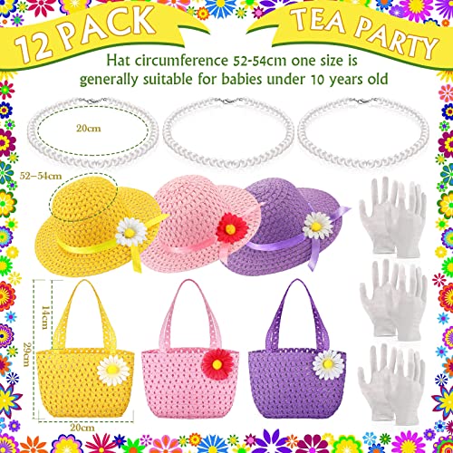 Honoson 12 Pieces Girls Tea Party Dress Kit Party Supplies Flower Sun Straw Hat Cute Bag Purse Elegant Gloves Pearl Necklaces Easter Party Accessories Tea Party, Pink, Yellow, Purple #TOP1