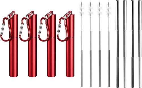 uxcell 4 popotes de metal reutilizables, de 3.7 a 9.1 pulgadas, pajitas telescópicas portátiles de acero inoxidable con estuche plano y cepillo de