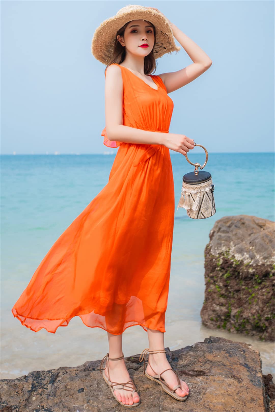 Women Summer Dress Vintage 100% Silk Dress Beach Dress Casual Evening Dress Orange XL Fashion