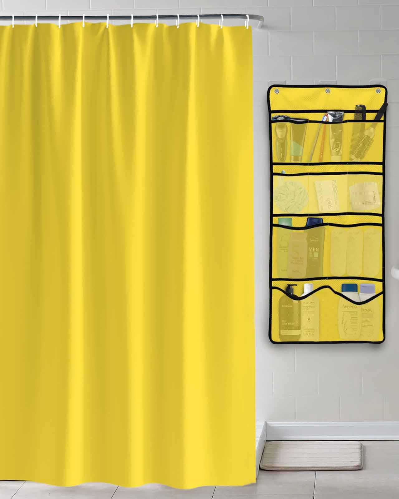 Shower Curtain Mesh Shower Organizer Hanging Set Yellow Solid Color Waterproof Shower Curtains with 10 Pockets Quick Dry