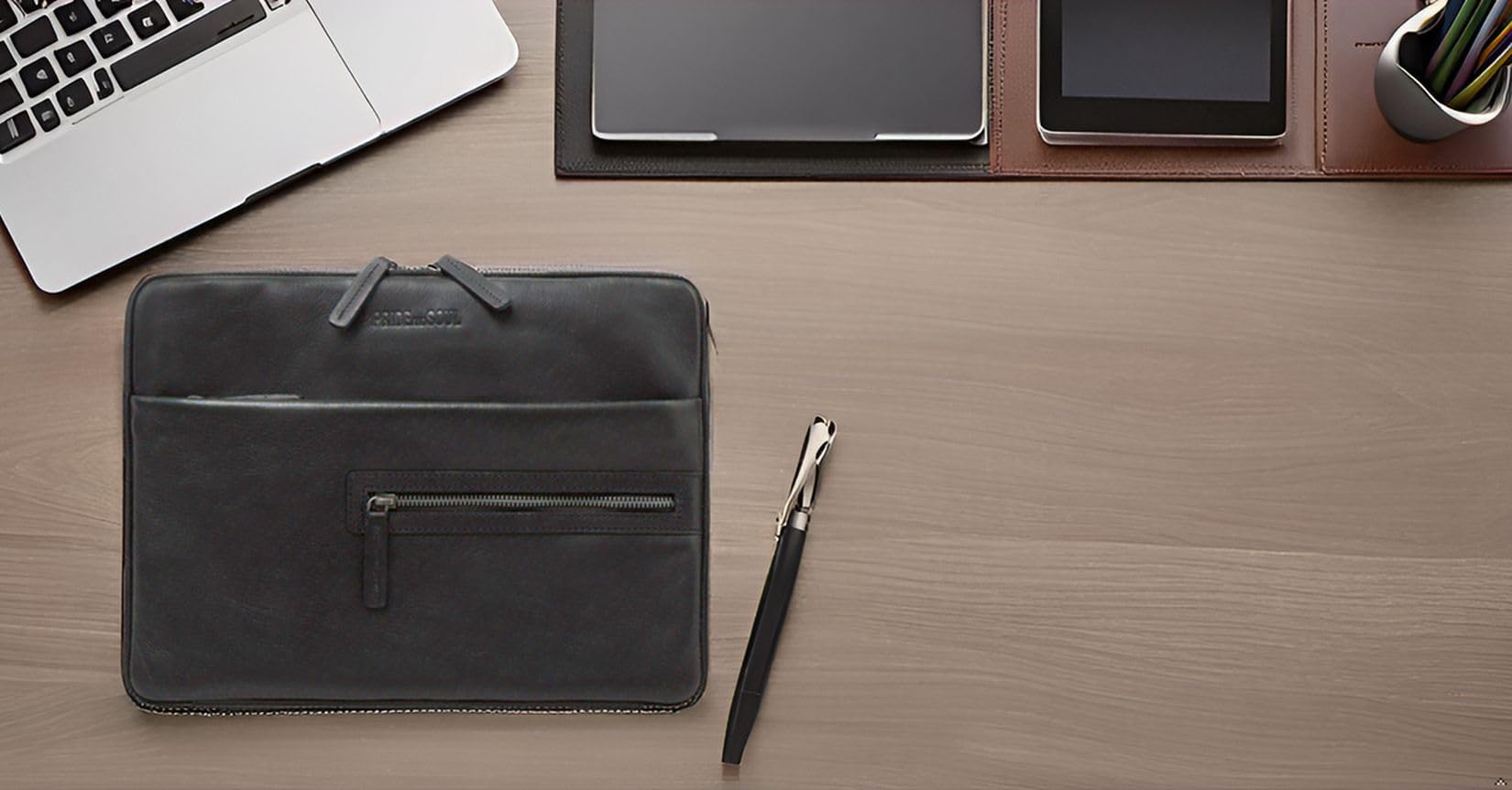 Pride and Soul 47533 - Cartella Terra con scomparto per tablet, in pelle, con blocco per appunti, organizer per ufficio e uso quotidiano, ca. 25 x 34 x 2 cm, nero