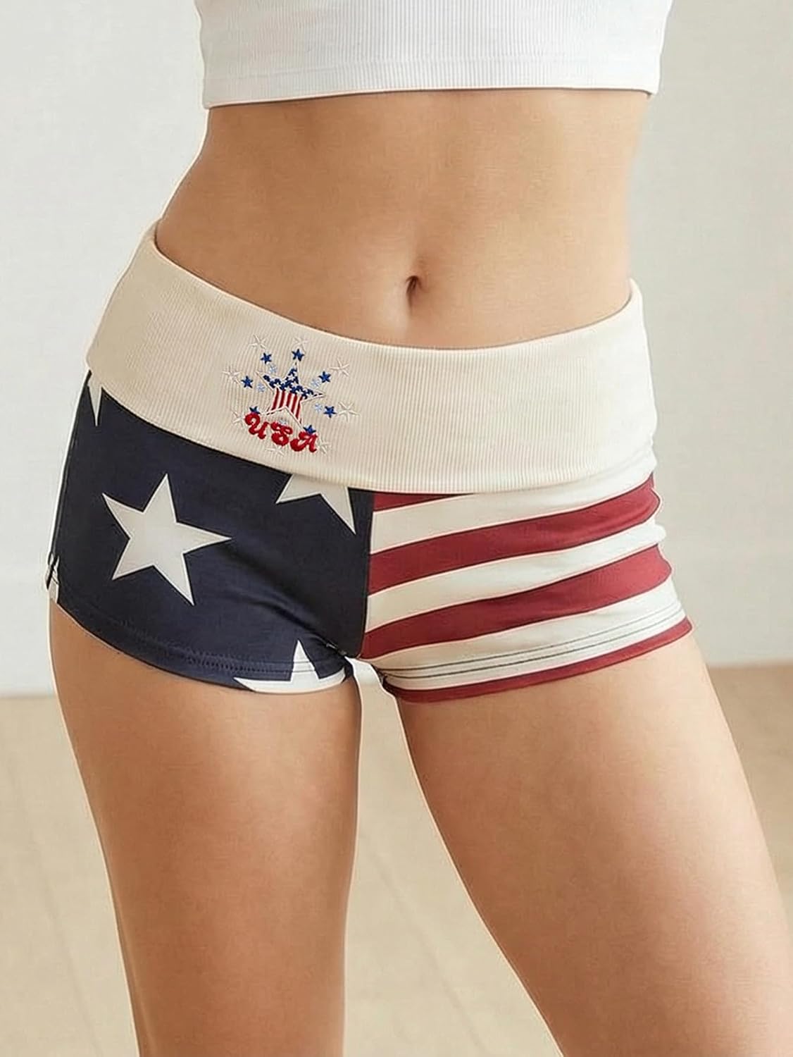 SweatyRocks Women's USA Flag Mini Shorts Star Striped Booty Low Rise Y2k Foldover Micro Short