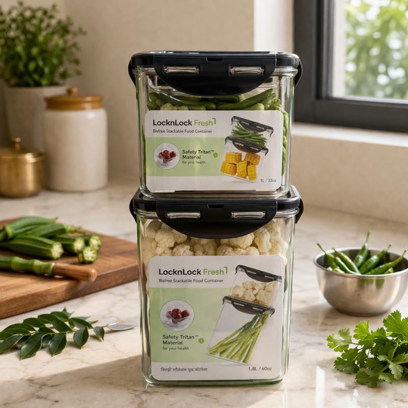 Image of LocknLock Bisfree Modular Storage Container Setof 2 (1000ml + 1800ml) | Stackable Airtight Food Containers | Microwave, Freezer & Dishwasher Safe | BPA Free Kitchen Storage Boxes
