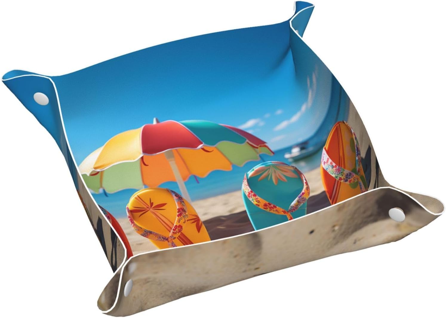 PU Leather Jewelry Valet Tray for Men Women, Elegant Desktop Storage Organizer, Portable Travel Storage Dish Plate Colorful Flip Flops Beach Ball Nightstand Storage Box for Key Phone Wallet Small