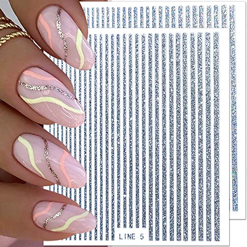 3D Glitter Lines Nail Stickers Holographic Nail Art Stickers Metal Stripe Nail Decals Self Adhesive Geometric Strip Line Nails Stickers Women Diy Nail Supplies,6 Colors/Set #TOP2