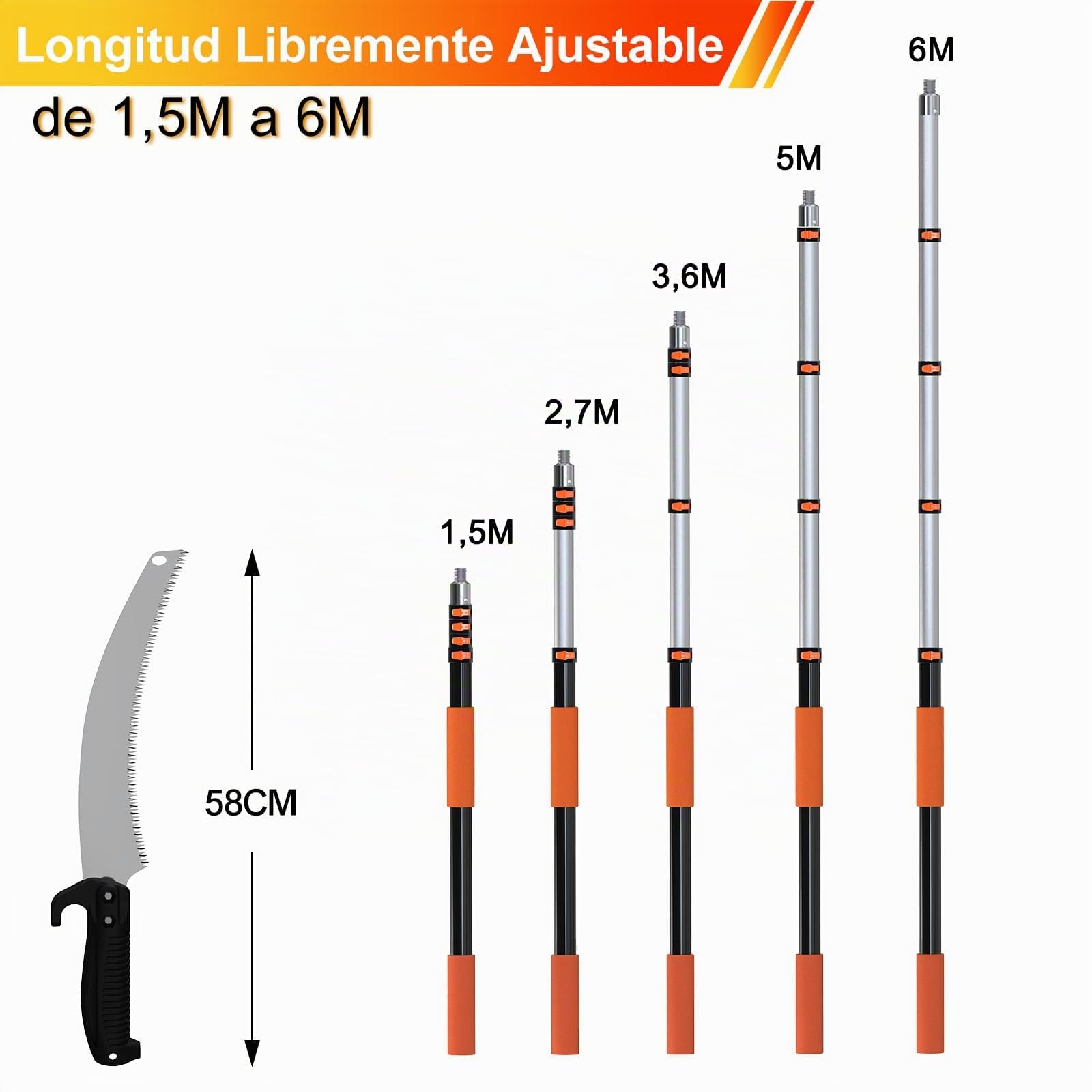 LAANPOLE Sierra de Pértiga 6m, Podadora de Árboles con Pértiga Telescópica con Pértiga de Extensión 1,5-6m, Podadora Manual para Patio, Naranja