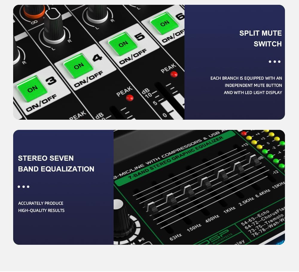 XF16 Professional DJ Audio Mixer, 16 Channel, with 99 DSP Effects, 7-Stage Equalizer, Separate 48V Phantom Power and Mute Button, Bluetooth Function, USB Interface Recording