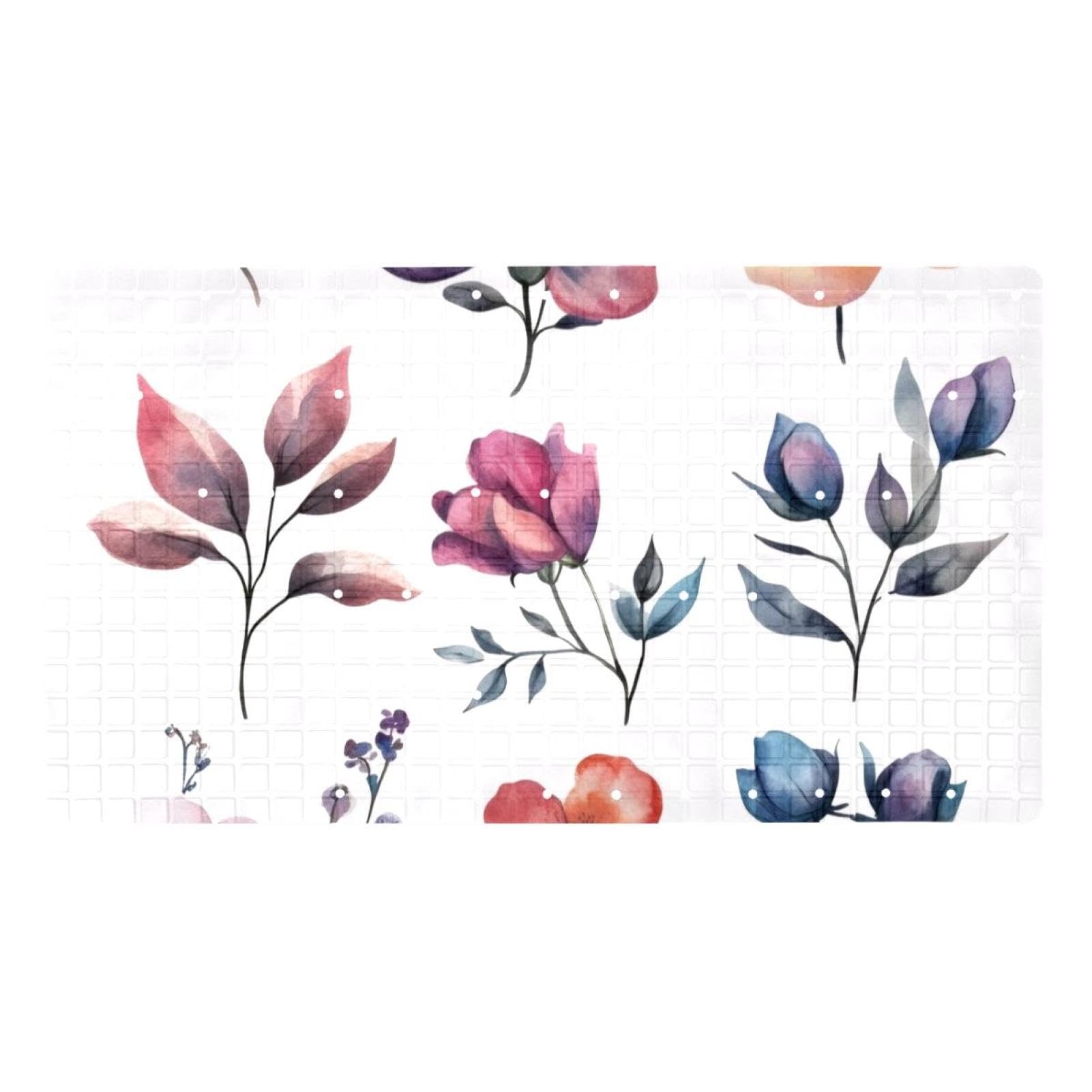 Badematten für die Badewanne, Motiv: Aquarell-Blumen und Blätter, rutschfest, rechteckig, Duschmatte mit Saugnäpfen, maschinenwaschbar, Badezimmermatte, 39,9 x 70,9 cm