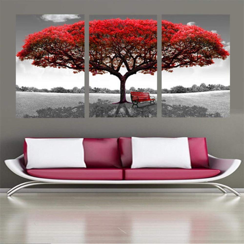 Cadre 3 panneau arbre rouge paysage pour salon moderne et chaleureux