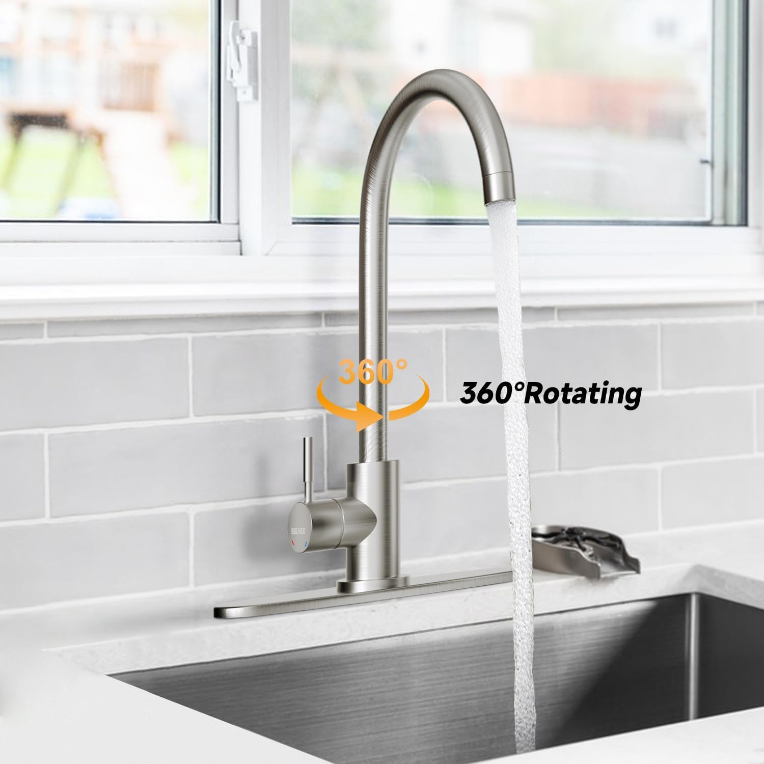 SOLVEX Kitchen Sink Faucet Single Handle High Arc Kitchen Faucet Stainless Steel Brushed Commercial Sink Faucets Modern 1 or 3 Hole Faucet with Deck Plate SP-10020-1 - Image 5