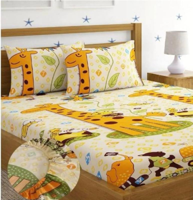 Geeta Homes Premium Cotton Feel Glace Cotton 210 Tc Elastic Fitted Bedsheets with 2 Pillow Covers Double Bed with Corner Elastic Floral Pattren |Size-72X68+ 6 Inches Homes 5217