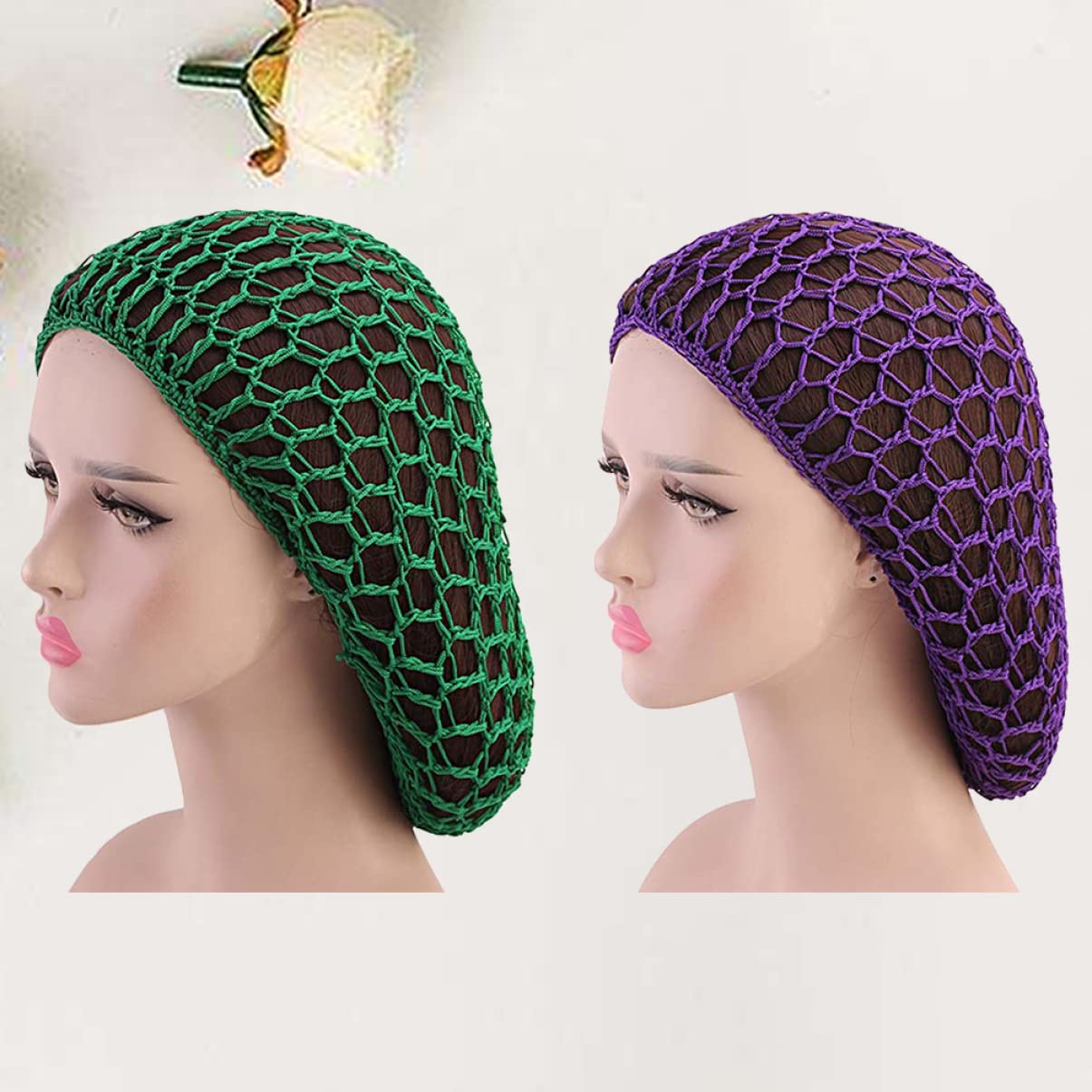 FRCOLOR Breathable Mesh Hair Net Cap for Sleeping Stretchy Hair Protector for Women Care Accessories, Green, Purple, 1 - Image 2